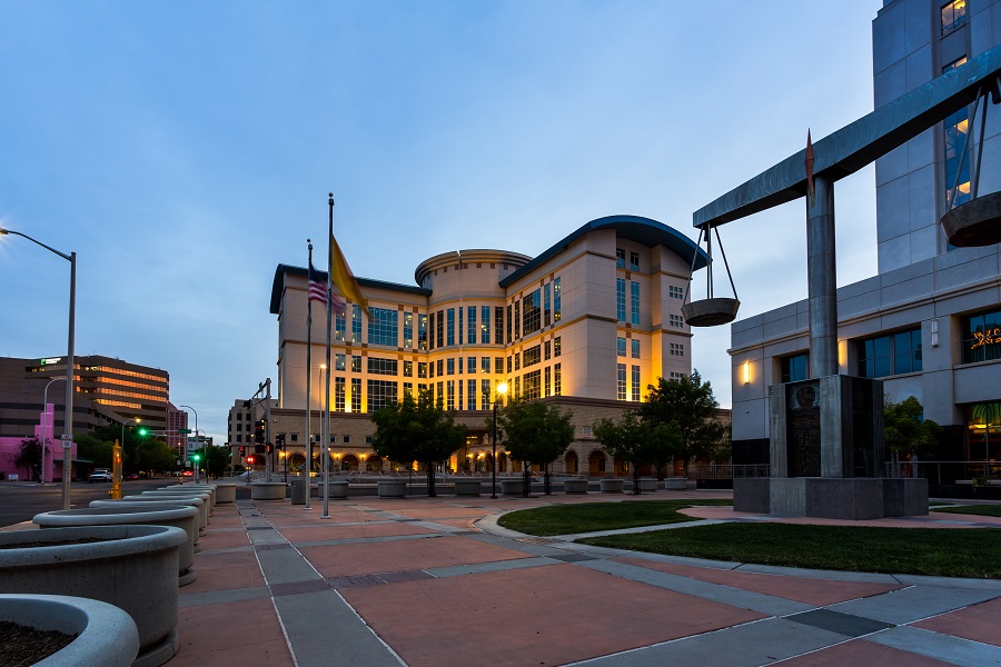 Street view at the Bernalillo County Courthouse in dusk in downtown