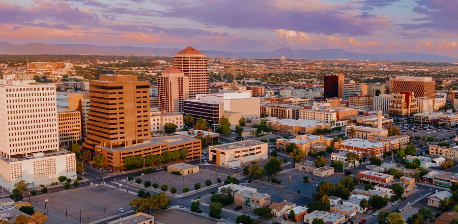 Downtown city skyline of Albuquerque at sunset, New Mexico, United States of America.