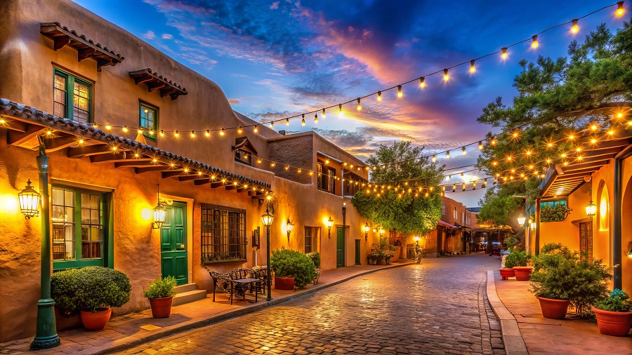 Vibrant adobe architecture and twinkling string lights illuminate a quiet New Mexico evening in the historic downtown area of Santa Fe, New Mexico.