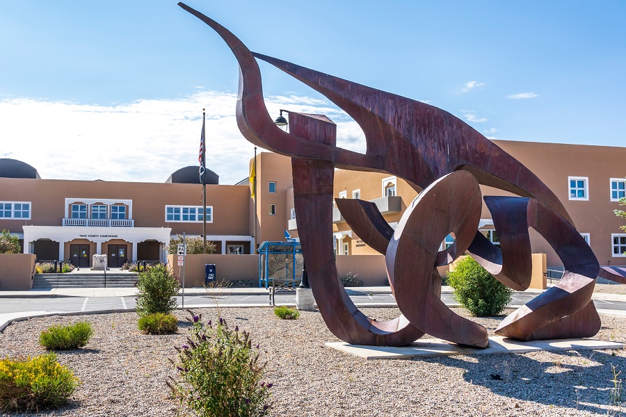 TAOS, NM, USA-13 JULY 18: A metal sculpture gracing the front lawn of The Taos County Courthouse and government offices.