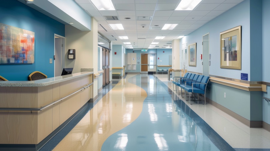 A modern hospital corridor featuring bright lighting and colorful wall art which creates a welcoming and positive atmosphere