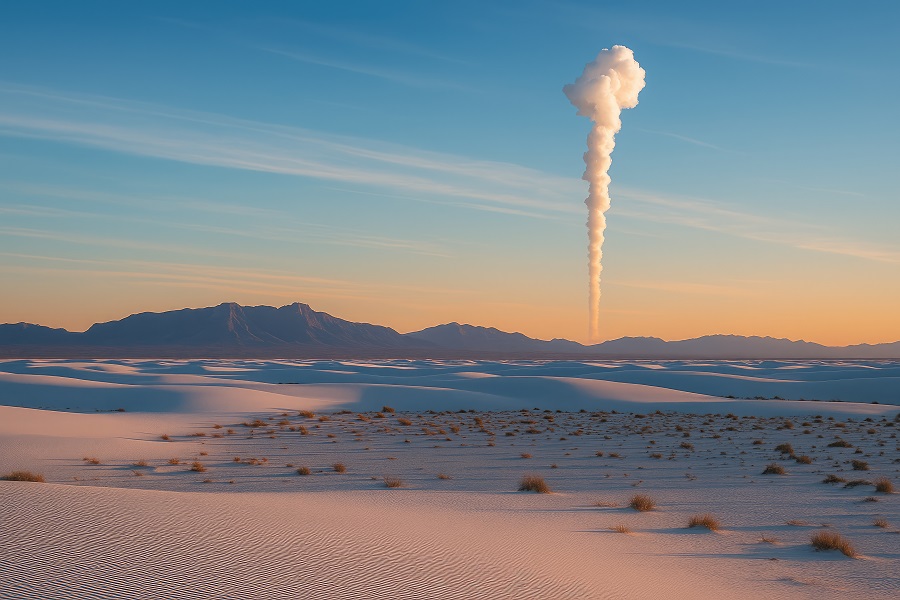 A missile test causes white smoke to ascend over a desert landscape.