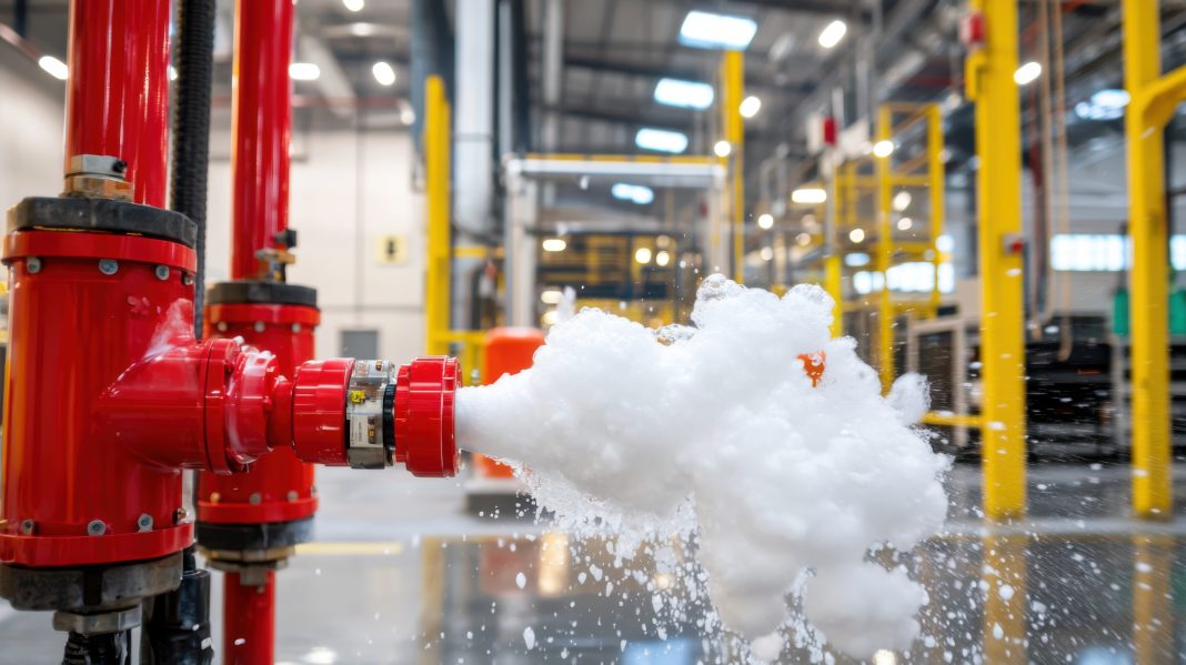 Fire safety system showcasing a red pipe releasing foam in a modern industrial facility,