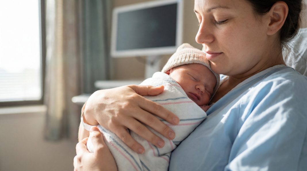 A parent gently holding or comforting a newborn in a hospital room