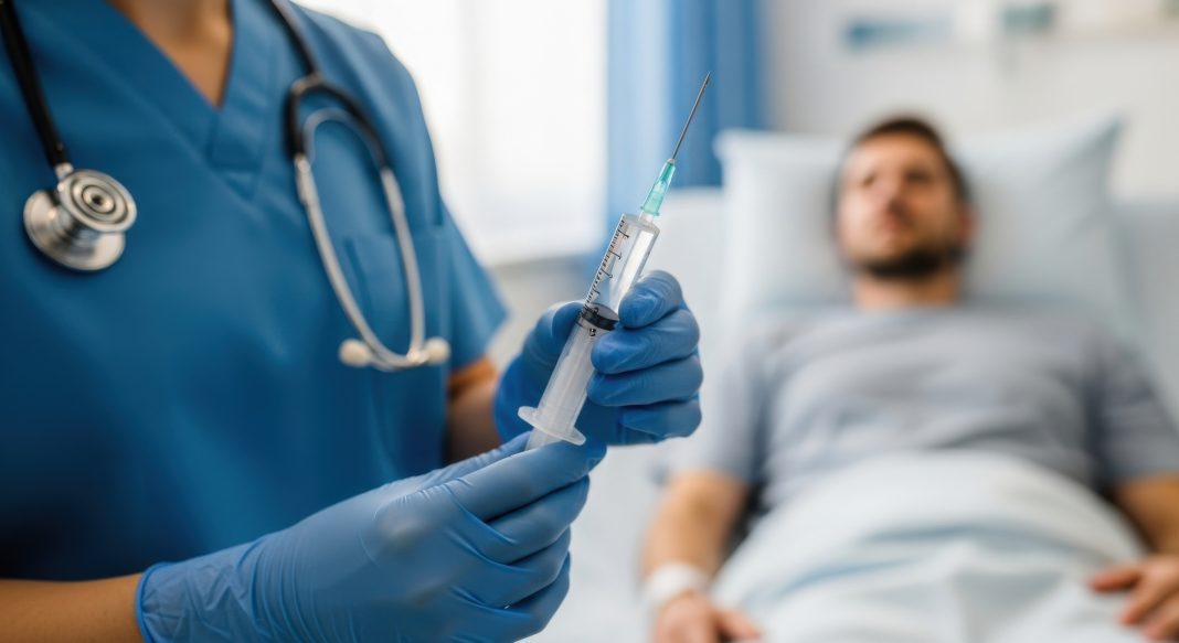 Healthcare professional preparing syringe for immunization in hospital setting, focusing on modern medical treatment and patient care confidence.