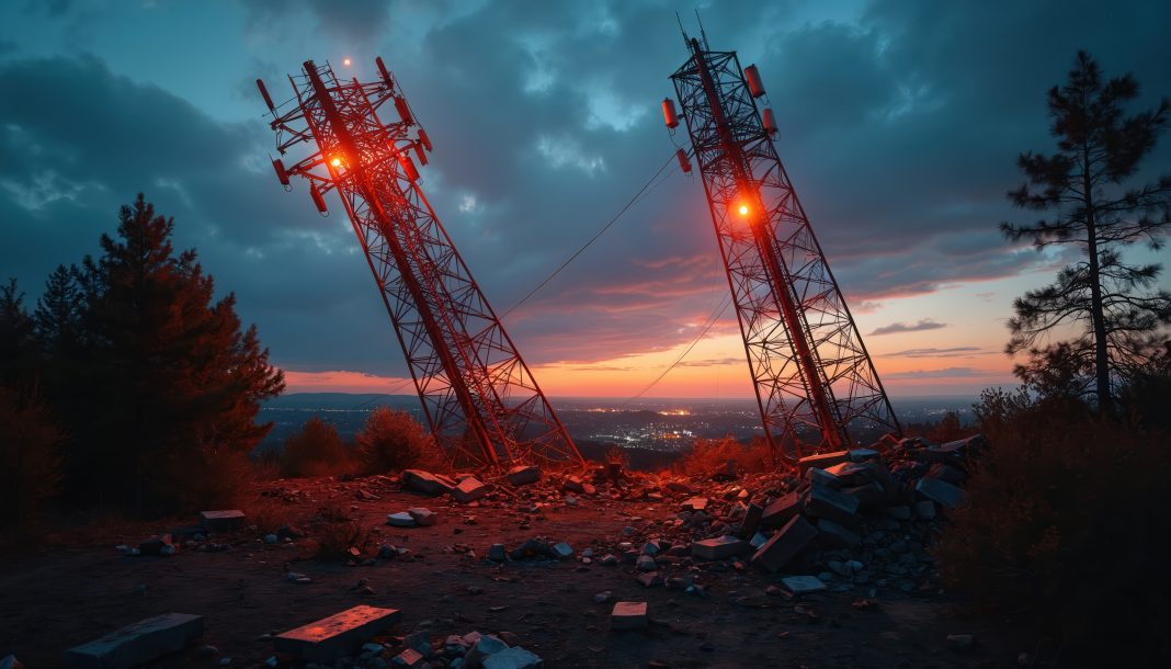 Two communication towers lean precariously at dusk.