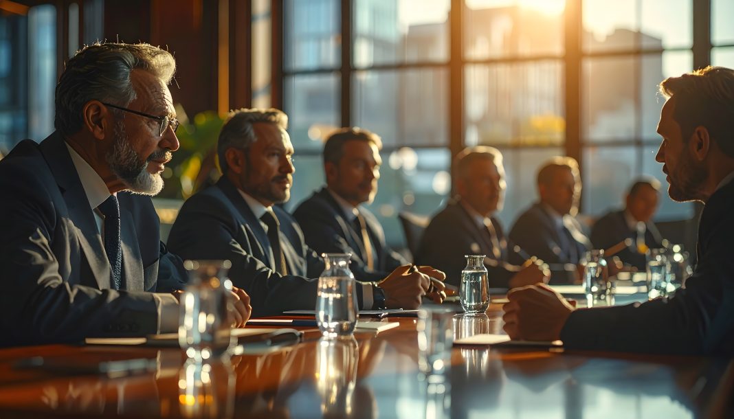 Government officials reviewing documents and discussing healthcare budget policies during a meeting.