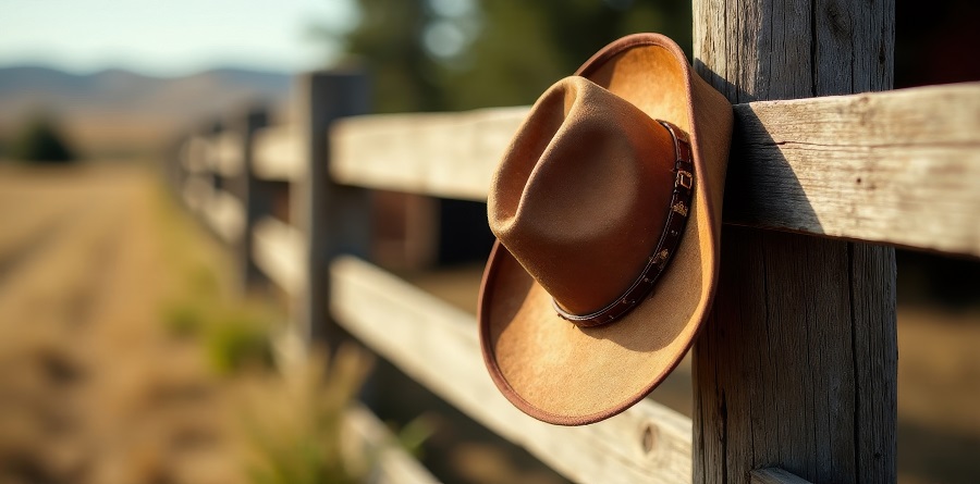 Worn cowboy hat hangs on weathered fence post , desert, old