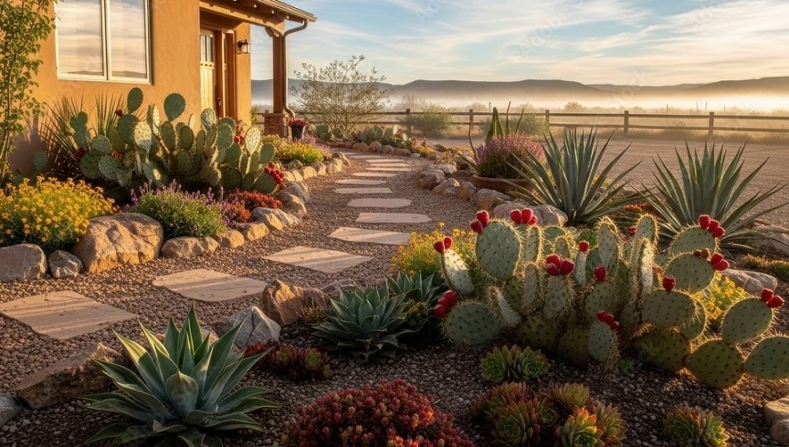Photo of a charming desert landscape with a pathway leading to a stucco house, featuring a xeriscape garden filled with cacti, agave, and colorful wildflowers blooming under a misty sunrise