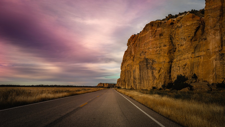 Sunset in the mountains, the road to the sky in El Malpais National Monument, Grants, New Mexico, USA. 