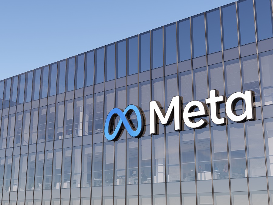 Menlo Park, California, USA. January 9, 2022. Editorial Use Only, 3D CGI. Meta Signage Logo on Top of Glass Building. Metaverse Workplace Technology Service Company High-rise Office Headquarters.