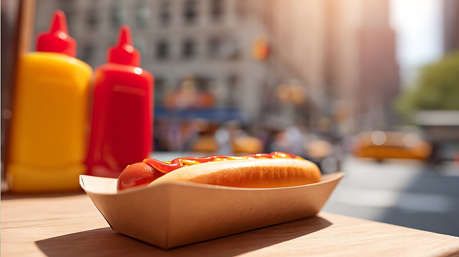 Classic street food hot dog with ketchup and mustard on a sunny day in an urban outdoor setting, vibrant casual meal