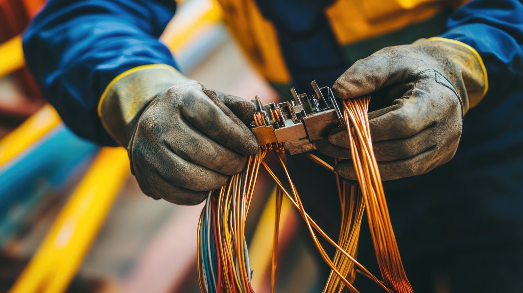 Hands of an electrician holding wire strippers, preparing copper wires for a new installation, with emphasis on the clean cut and focus on safety.