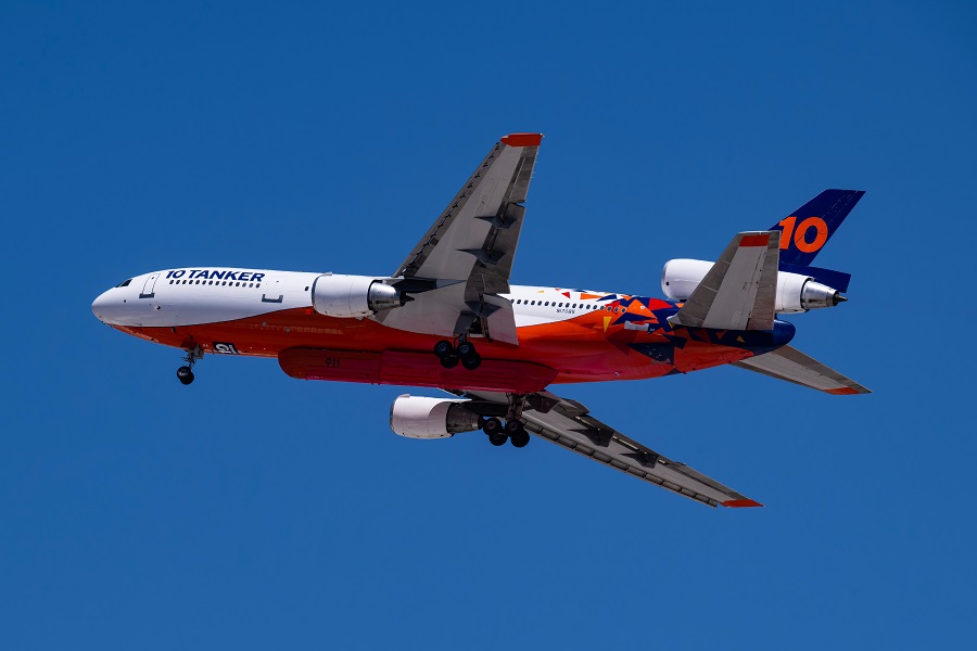 Williams Gateway Airport 5-19-2024 Mesa, AZ USA !0 Tanker Corp. McDonnell Douglas DC10-30 N17085 departing Williams Gateway for Air Tanker support of the Wilcat fire north of Phoenix