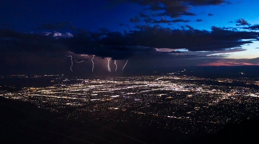 A Thunderstorm After Dusk Approaches the City of Albuquerque, New Mexico