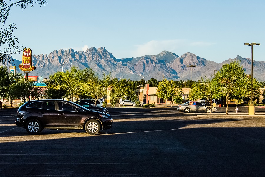 Las Cruces, USA - July 26, 2015: Organ Mountains in New Mexico in downtown city shopping center parking lot