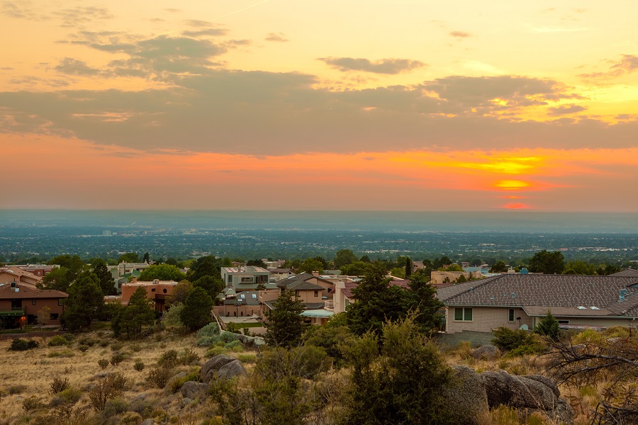 Hazy sunset photographed from the Embudo trailhead in Albuquerque, New Mexico