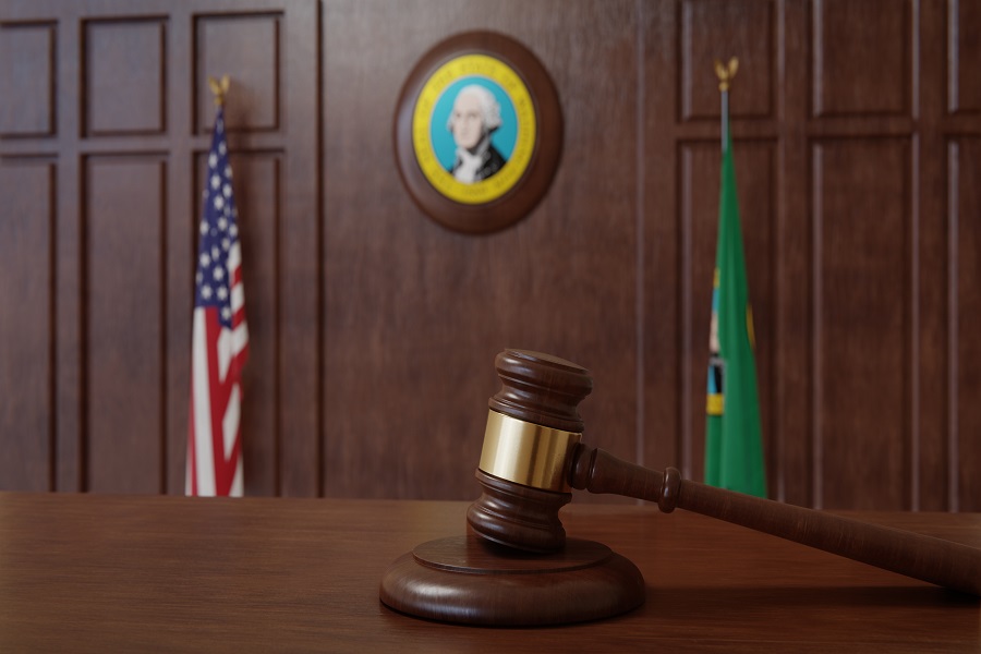 3D rendering of Courtroom scene with US flag and state seal and flag of the state of Washington.