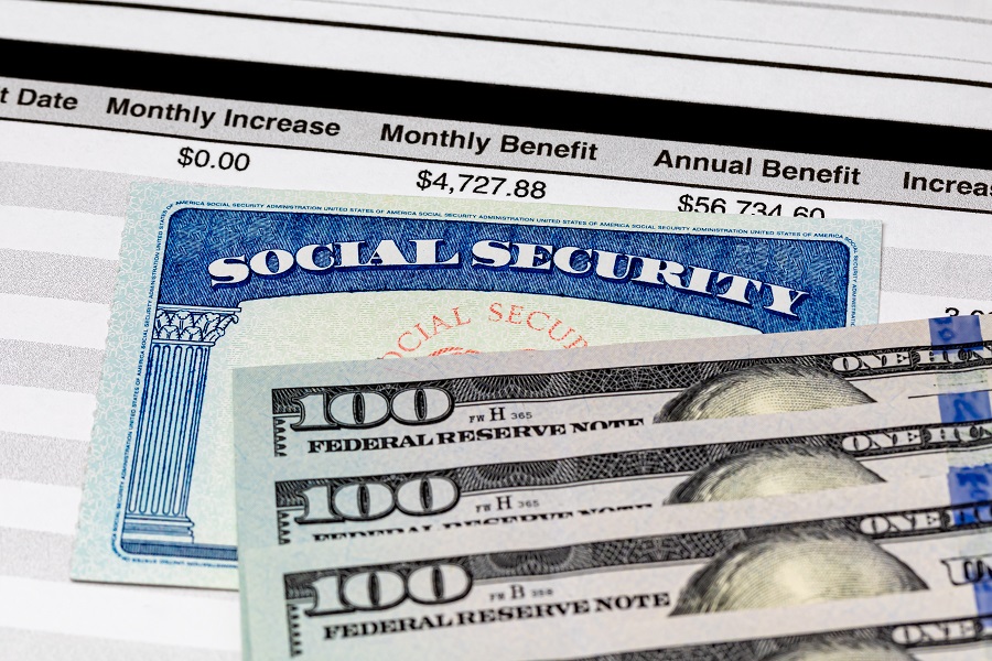 Social Security Card, benefits statement and 100 dollar bills. Social security funding, payment, retirement and federal government benefits concept