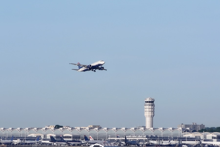 commercial jet in flight just after takeoff 2 with copy space