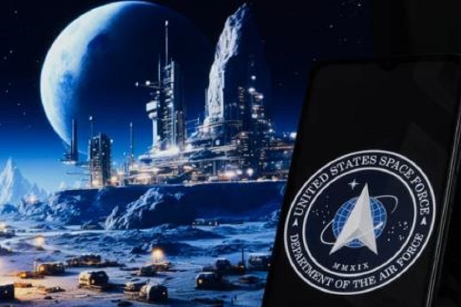Smartphone with United States Space Force logo on background of space station, USA, November 21, 2023