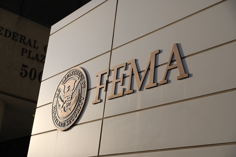 Federal Emergency Management Agency, FEMA, of the U.S. Department of Homeland Security emblem on a building wall