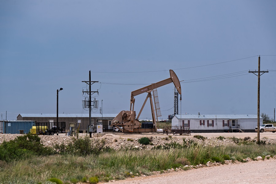 Crude oil pump jack operating in the Permian Basin in South Eastern New Mexico